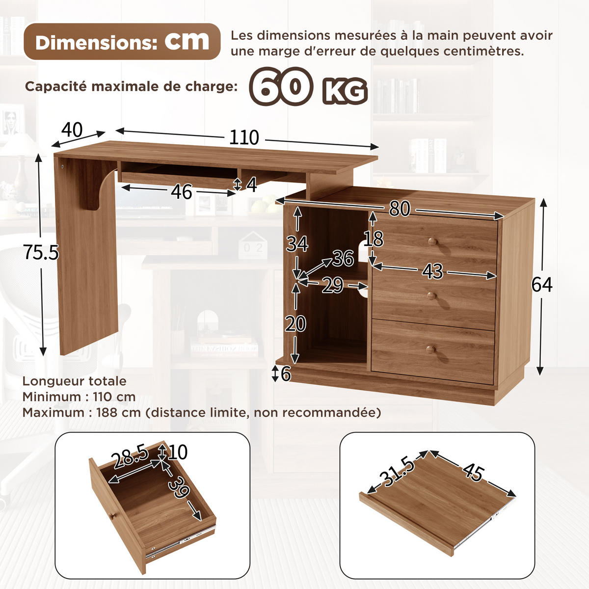 SCHREIBTISCH ausziehbarer Multifunktions-Computertisch 110cm - Walnussfarben, Holzwerkstoff (40/110/75.5cm) - Gisaae