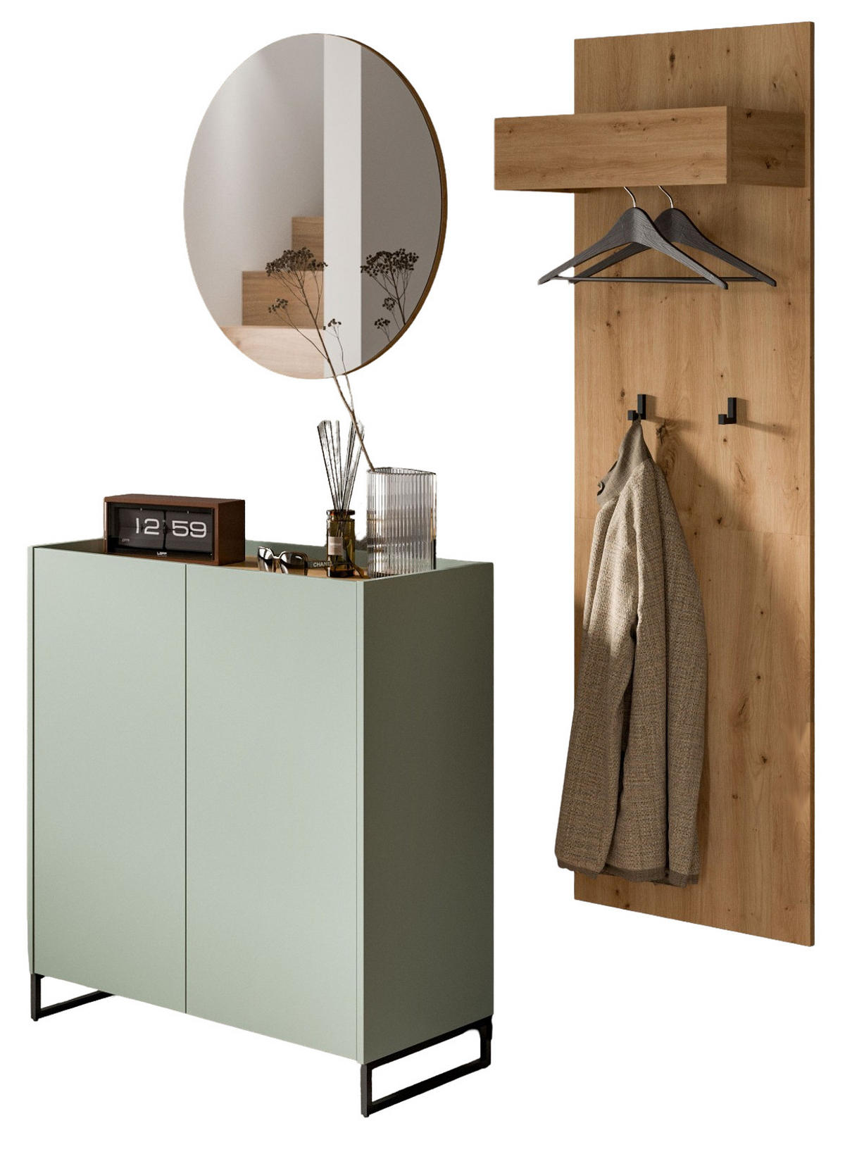 GARDEROBE-SET Salbei und Artisan Eiche, Garderobe 3-teilig, 155 x 197 cm, Soft-Close, Borga - Salbeigrün/Schwarz, Holzwerkstoff/Metall (155/197/38cm) - Inn.Furn