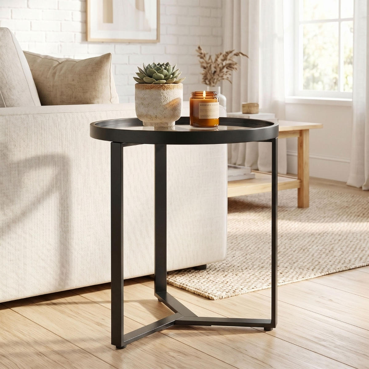 BEISTELLTISCH DE-37208 rund mit Glasplatte Schwarz - Schwarz, Metall (45/45/50cm) - ComfortXL