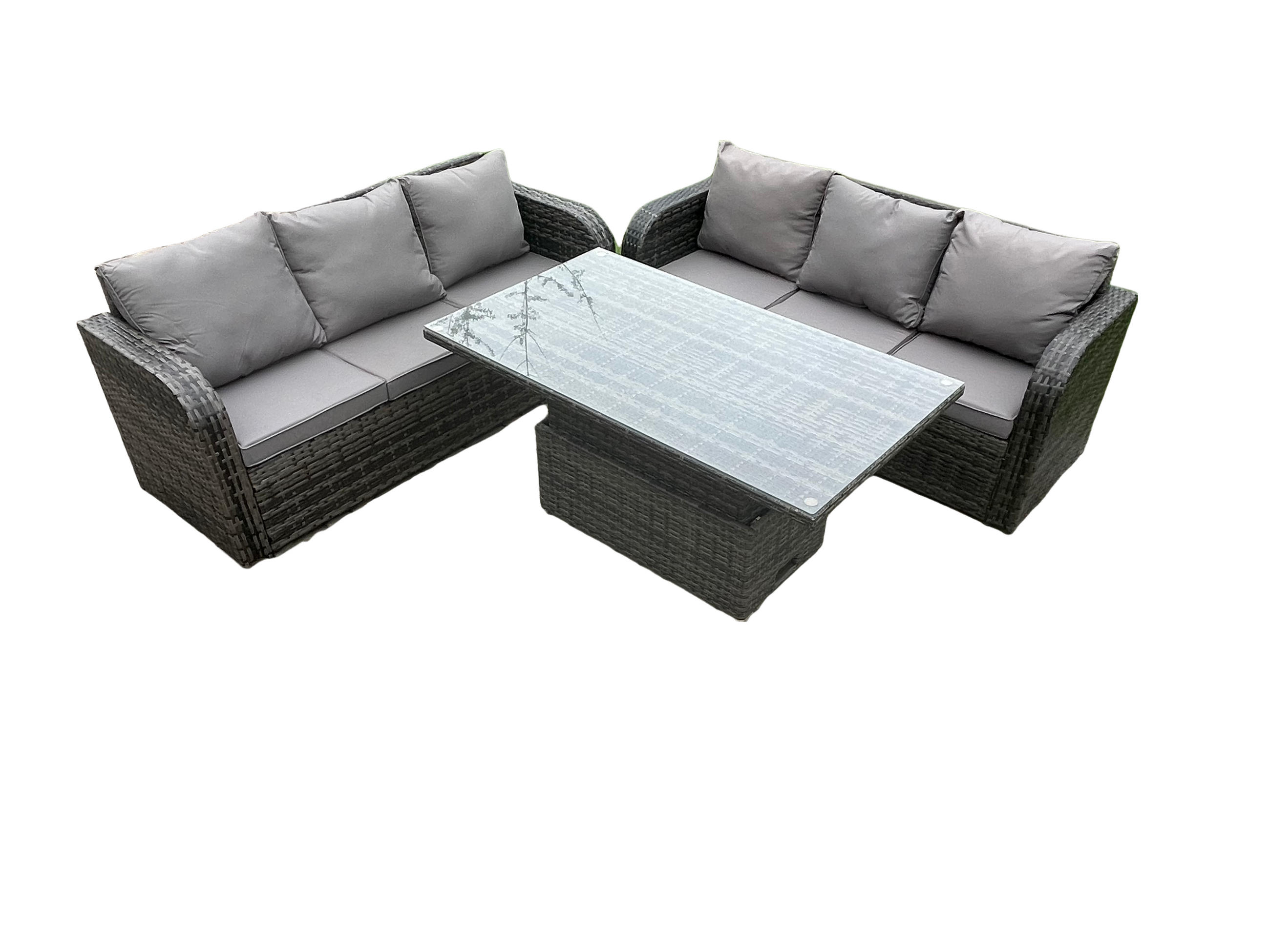 GARTENSOFA-SET MIT HÖHENVERSTELLBARER ESSTISCH Polyrattan 6-Sitzer - Dunkelgrau/Grau, Glas/Kunststoff - Fimous