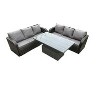 GARTENSOFA-SET MIT HÖHENVERSTELLBARER ESSTISCH Polyrattan 6-Sitzer - Dunkelgrau/Grau, Glas/Kunststoff - Fimous