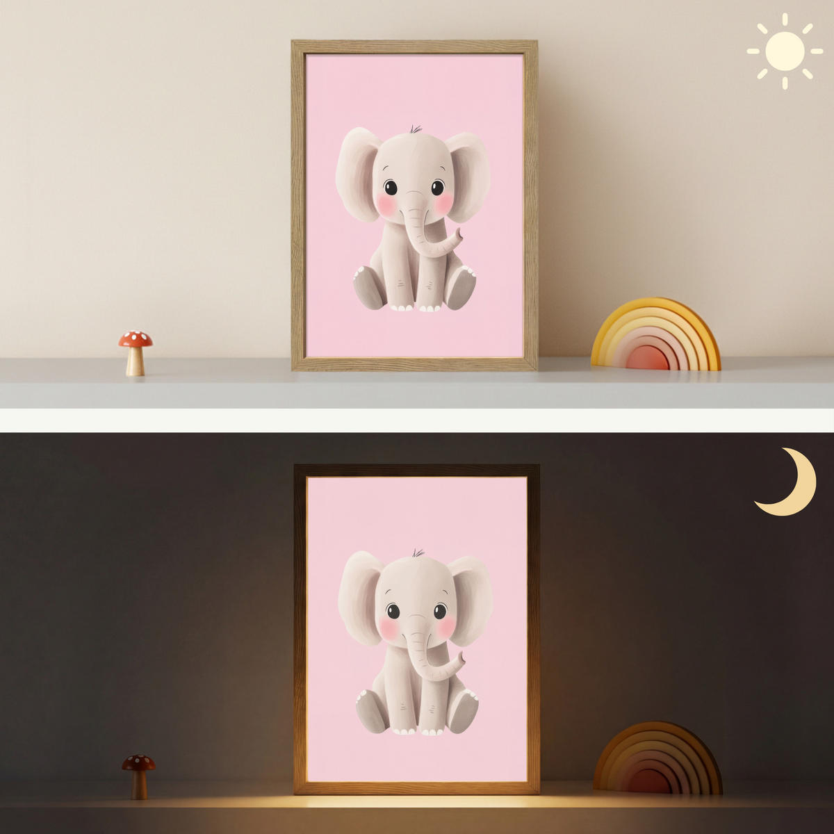 NÁSTĚNNÁ LAMPA S AKUMULÁTOREM Slon - Dítě - Růžová - Kreslený film 30x40 cm - světle růžová, kompozitní dřevo (30/40/8cm) - OnlyWow