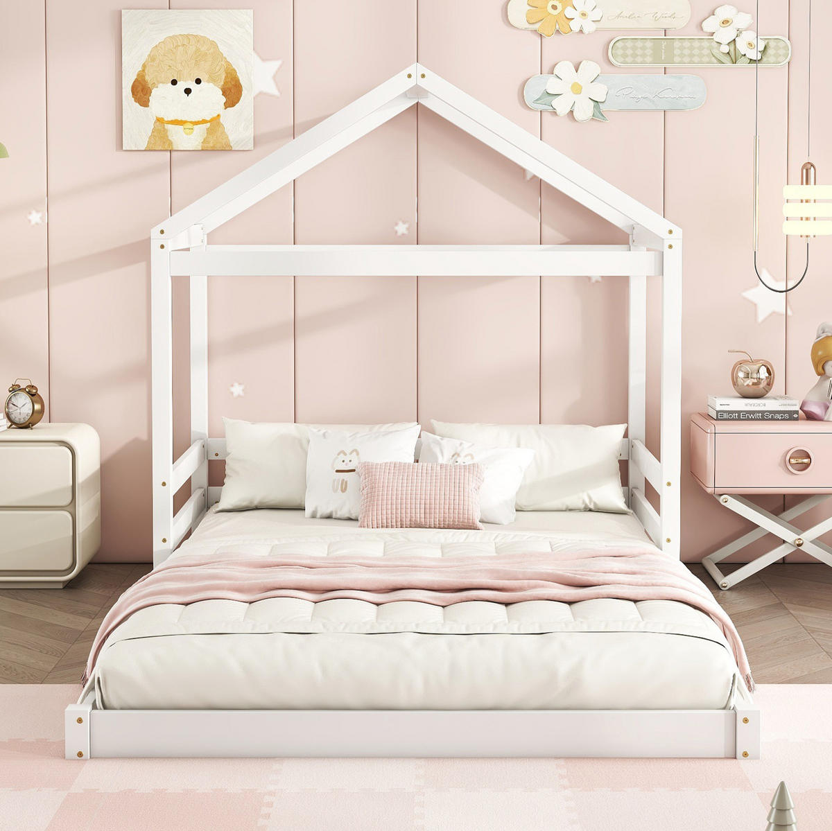 HAUSBETT 140/200 cm in Weiß – aus Kiefernholz mit Dachaufbau - Weiß, Holz (140/200cm) - BEAOK