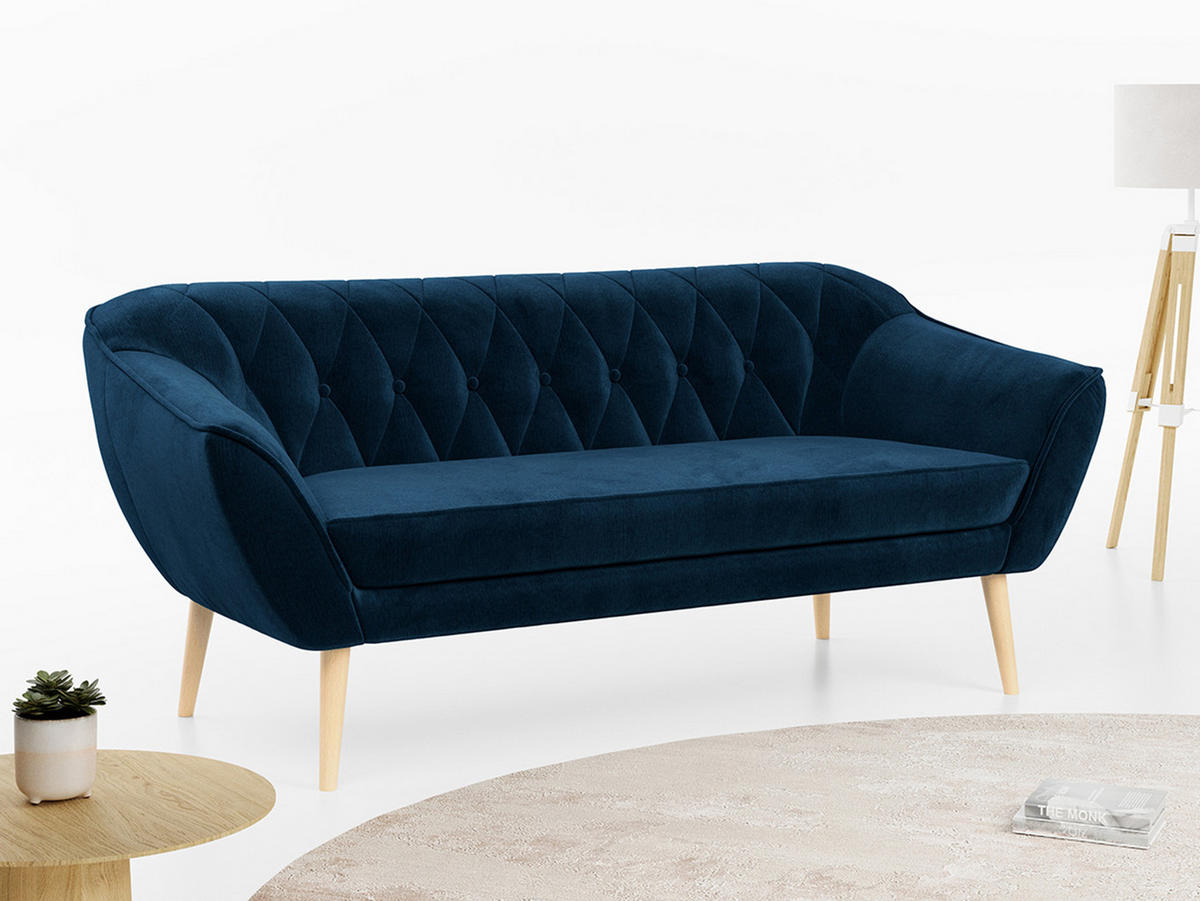 SOFA Pirs 3 Sitzer Velvet Dunkelblau - Dunkelblau/Braun, Holz/Textil (180/75/74cm) - MKS