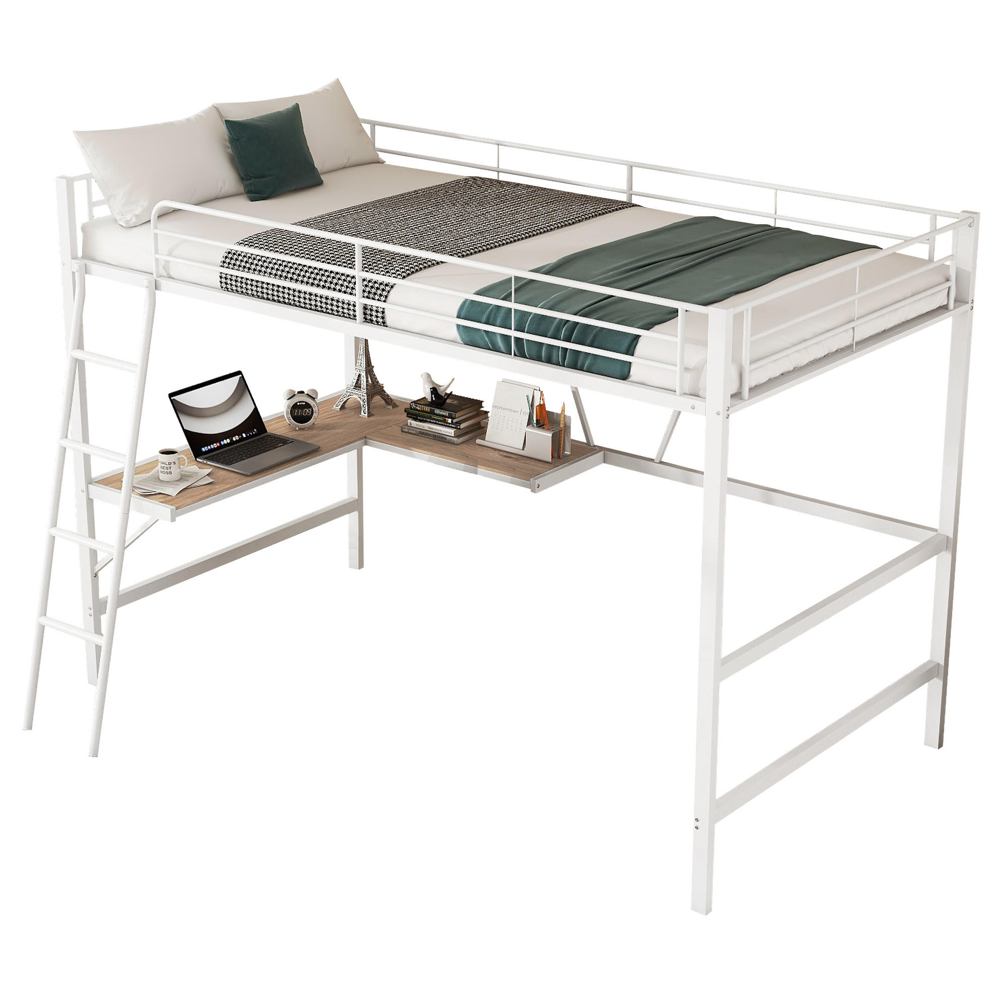 HOCHBETT 90/200 cm aus Metall/MDF mit L-förmigem Schreibtisch und Regal Weiß - Weiß, Metall (90/200cm) - Modenvie