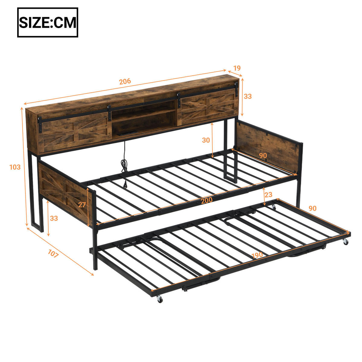 AUSZIEHBETT 90x200cm mit multifunktionalen Steckdosen，Schwarz + Braun - Braun, Holz/Metall (90/200cm) - KOMHTOM