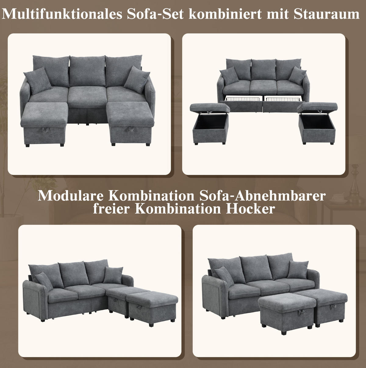 ECKSOFA U-Form Chenille mit Schlaffunktion und Stauraum 3-Sitzer und 2 Hocker 188/186/86 cm Dunkelgrau - Dunkelgrau, Kunststoff/Textil (186/188cm) - Redom