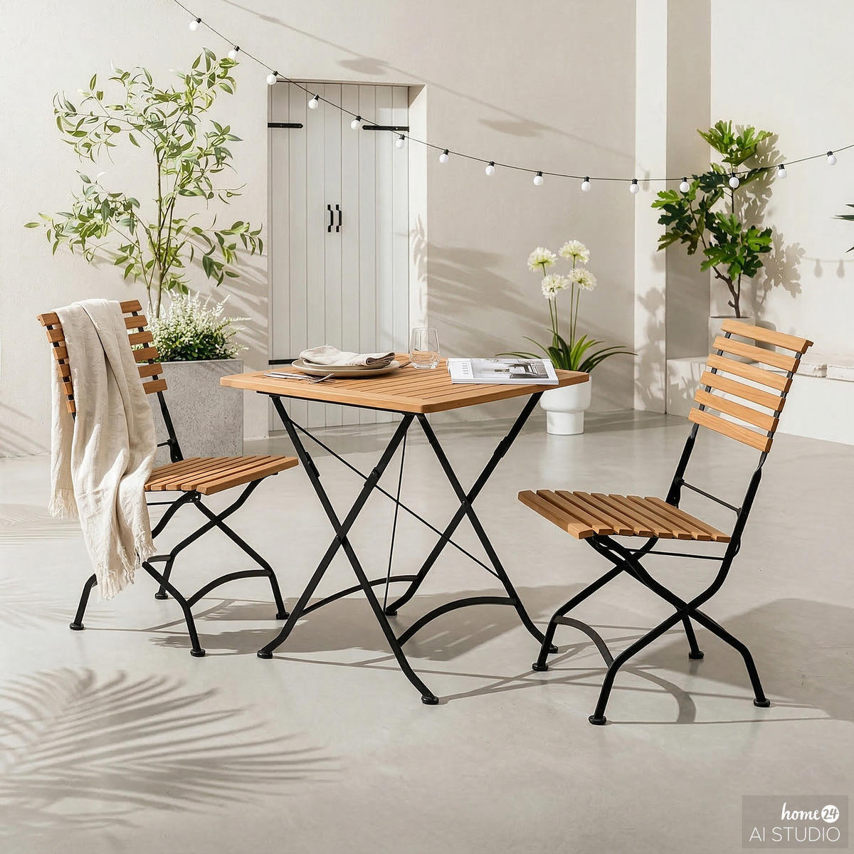 GARTENESSGRUPPE - Akazie massiv / Stahl - Akazie / Schwarz - 3-teilig - Schwarz/Akaziefarben, Holz/Metall - home24