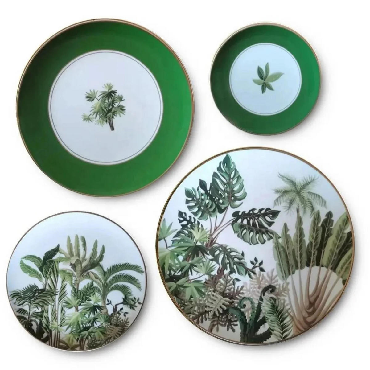 TELLERSET Tropisch Grün Bone China Grün Gold 4tlg Ø30 Ø27 Ø20 Ø16 cm - Weiß Hochglanz/Goldfarben, Keramik (30/2/2cm) - Quality Elegance