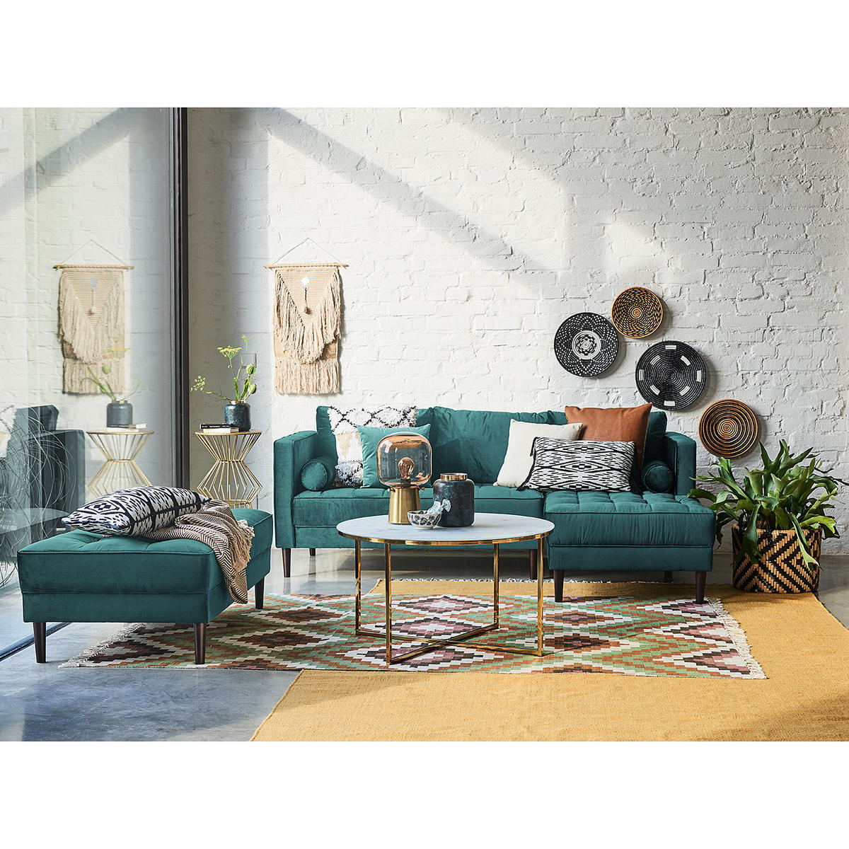 HOCKERBANK - Samt - Petrol, Birkenholz/Textil (124/43/69cm) - home24