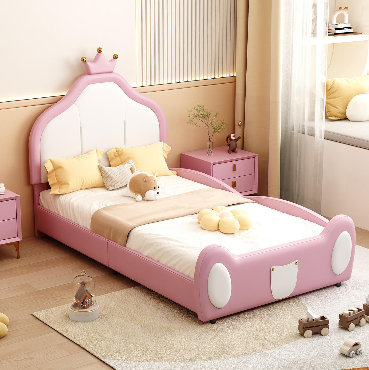 KINDERBETT Polsterbett 90/200 cm aus Kunstleder mit kronenförmigem Kopfteil Rosa/Weiß - Rosa, Textil (90/200cm) - Modenvie