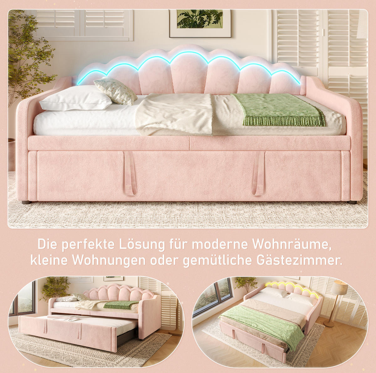 TAGESBETT 180/200 cm rosa aus Samt mit Ausziehbett und LED - Rosa, Textil (90/200cm) - OKWISH