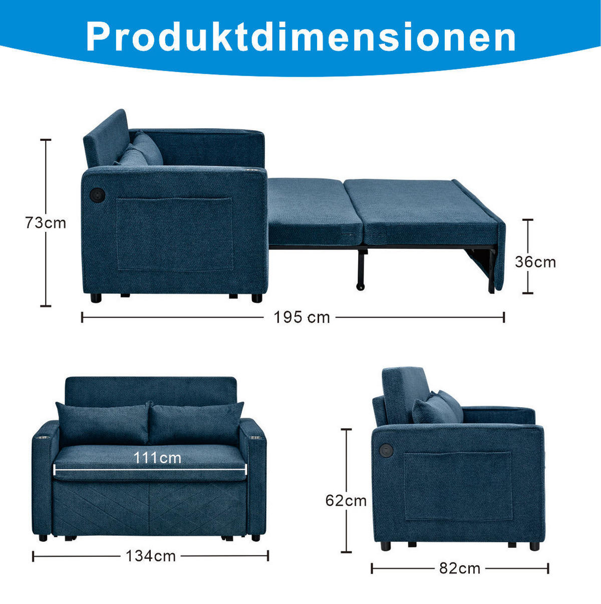 SCHLAFSOFA 3-in-1 aus Holz und Stoff mit USB-Ladefunktion Blau - Dunkelblau, Holz (134/73/195cm) - Modenvie