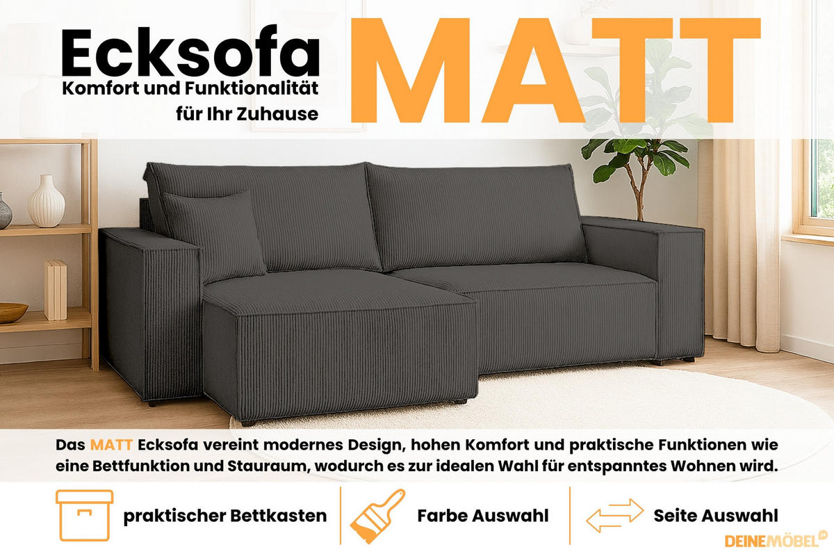 ECKSOFA MATT 255/153 cm links in Cord Anthrazit - Anthrazit/Schwarz, Holz/Holzwerkstoff (255/153cm) - Deine Möbel 24