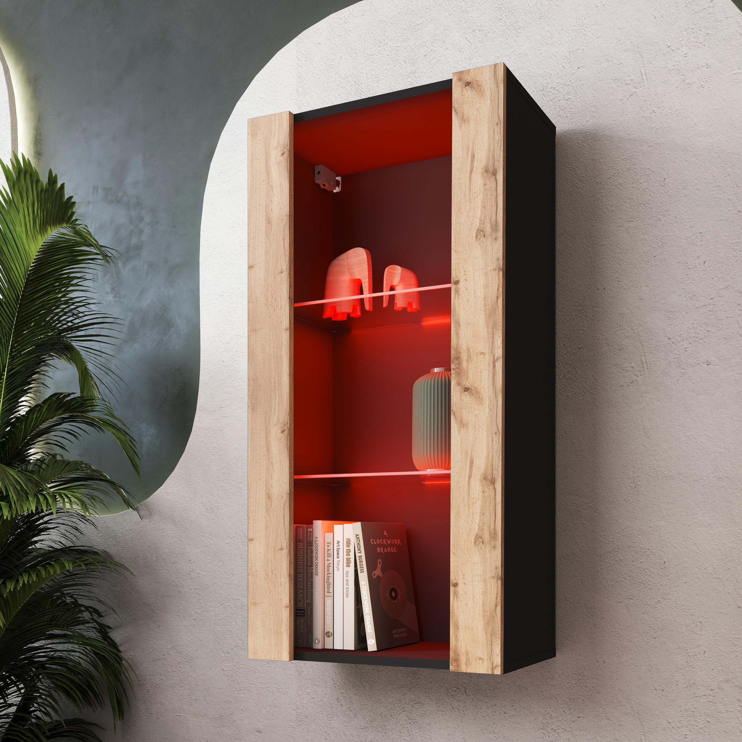 HÄNGEVITRINE TIVOLI Vertical 100, Wotan, LED Mehrfarbige - Eiche Wotan/Schwarz, Glas/Holzwerkstoff (50/100/29.5cm) - Komodee