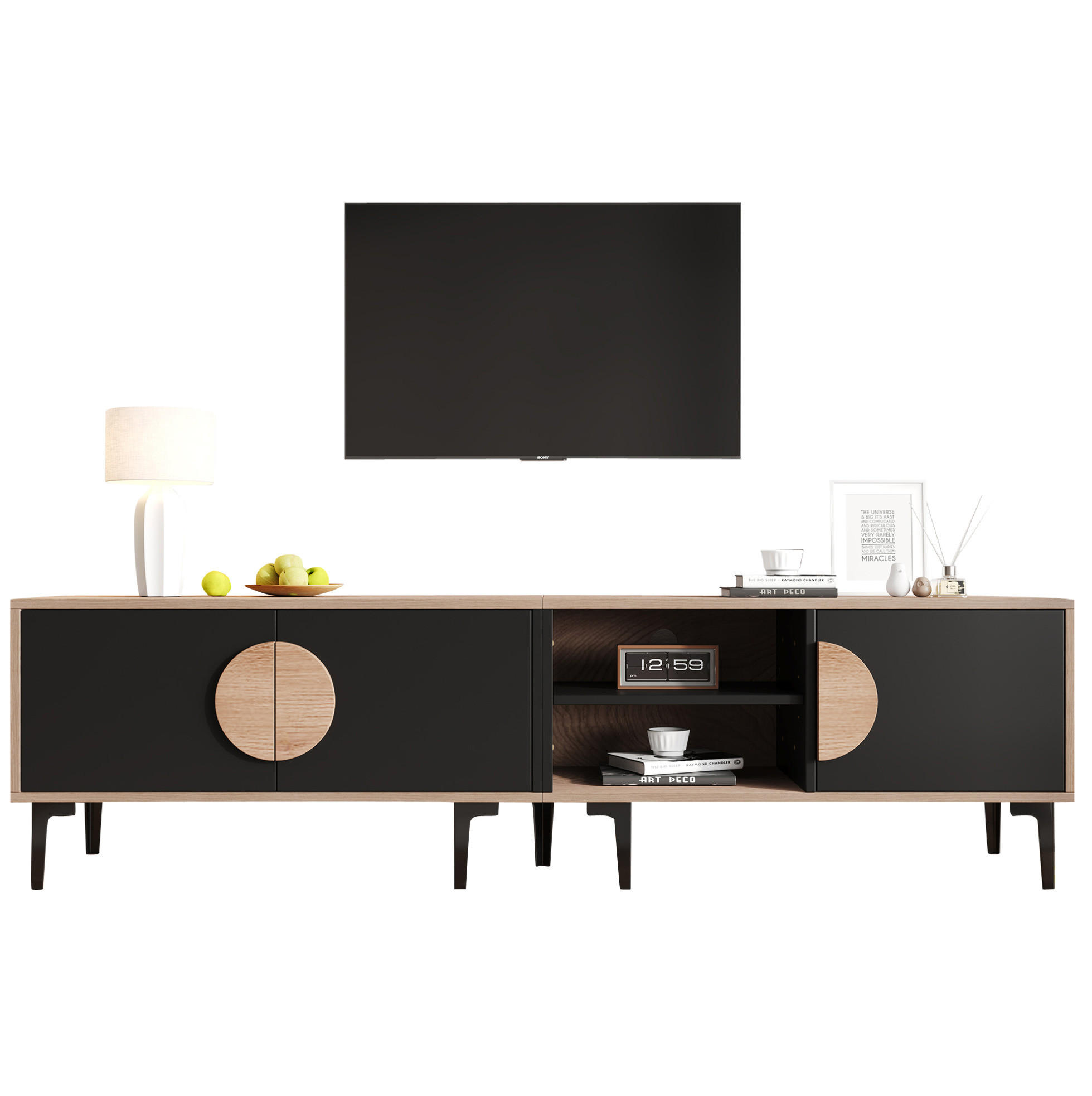 OKWISH TV stolek 180/35/49 cm v přírodní barvě a černé z dřevotřísky s úložným prostorem