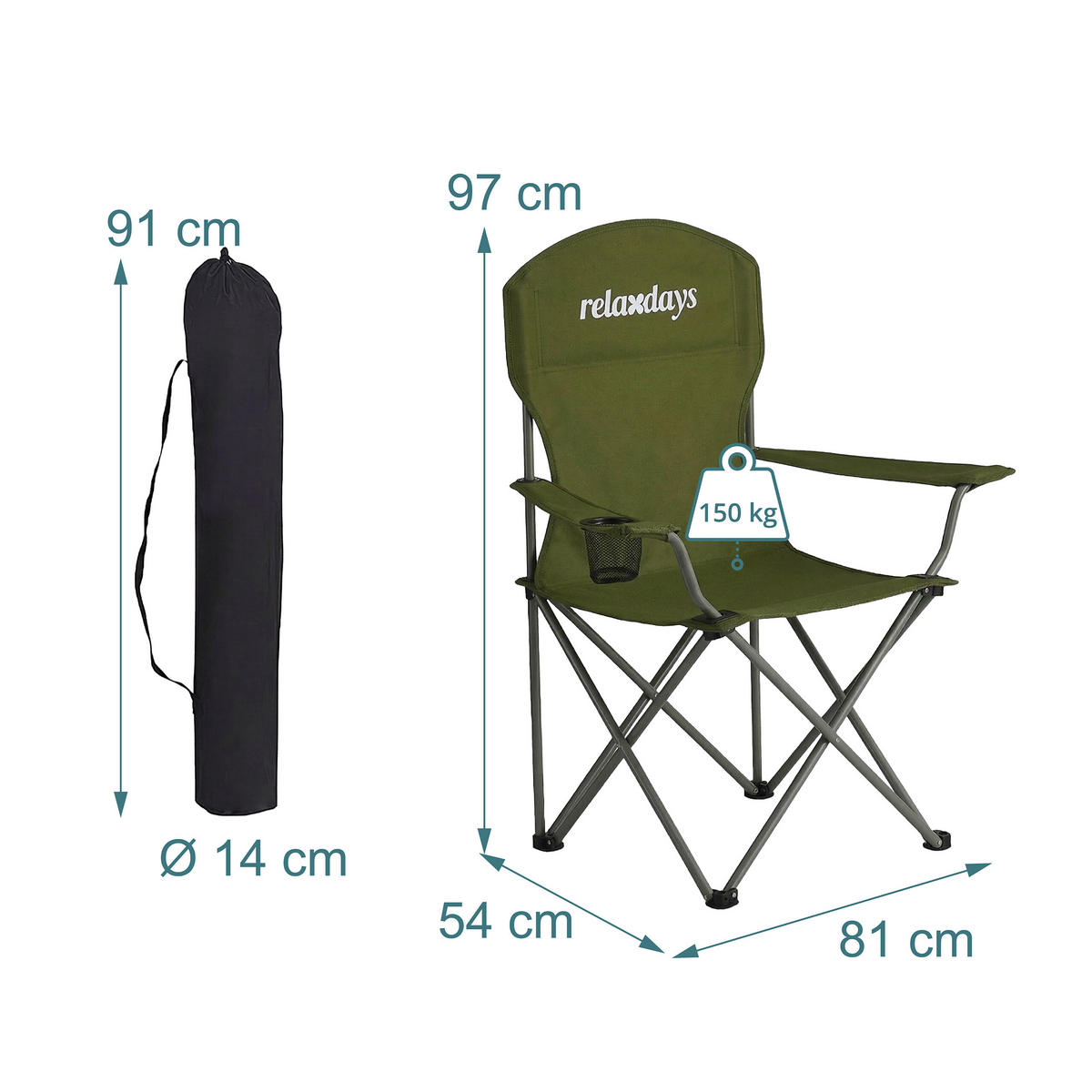 2XSKLÁDACÍ židle - tmavě zelená, kov/textil (81/97/54cm) - Relaxdays