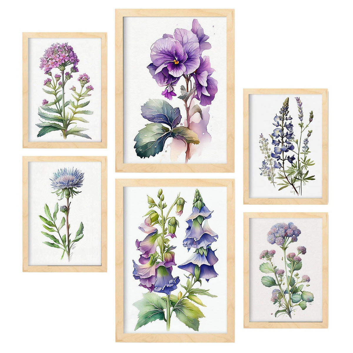 POSTER Set Mit 6 Violett Vollfarbige Natur Und Botanikdrucke Mit Blumenmotiven Auf Reinweißen Hintergründen A3 & A4 Rahmen Aus Hellem Holz - Beige, Papier (29/3cm) - Nacnic