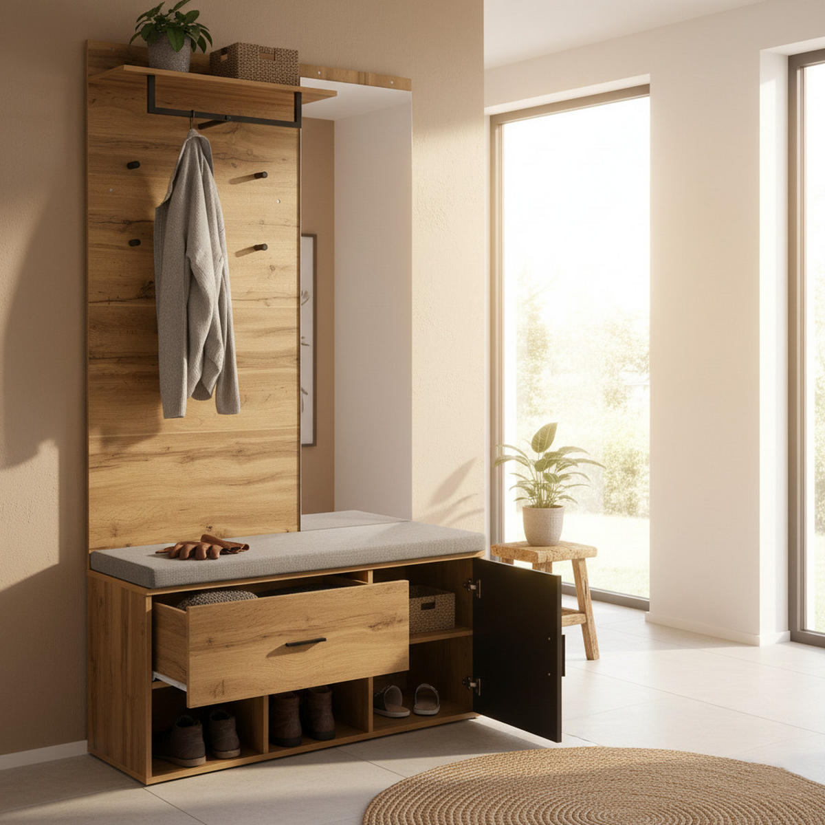 GARDEROBENSET Holzoptik Eiche mit Spiegel & Schuhbank - Eiche San Remo, Holzwerkstoff (104/190/39cm) - Urban Meuble