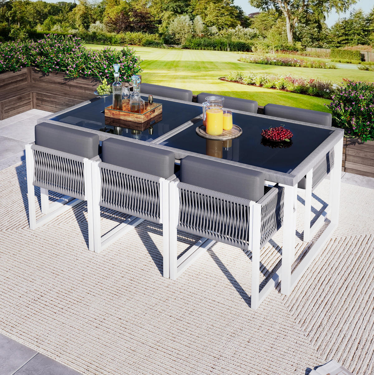 GARTENSET aus Eisen 170x80x75 cm Grau/Weiß mit 6 Stühlen, Glasplatte, verstellbaren Füßen und waschbaren Bezügen - Grau, Metall - Modfu