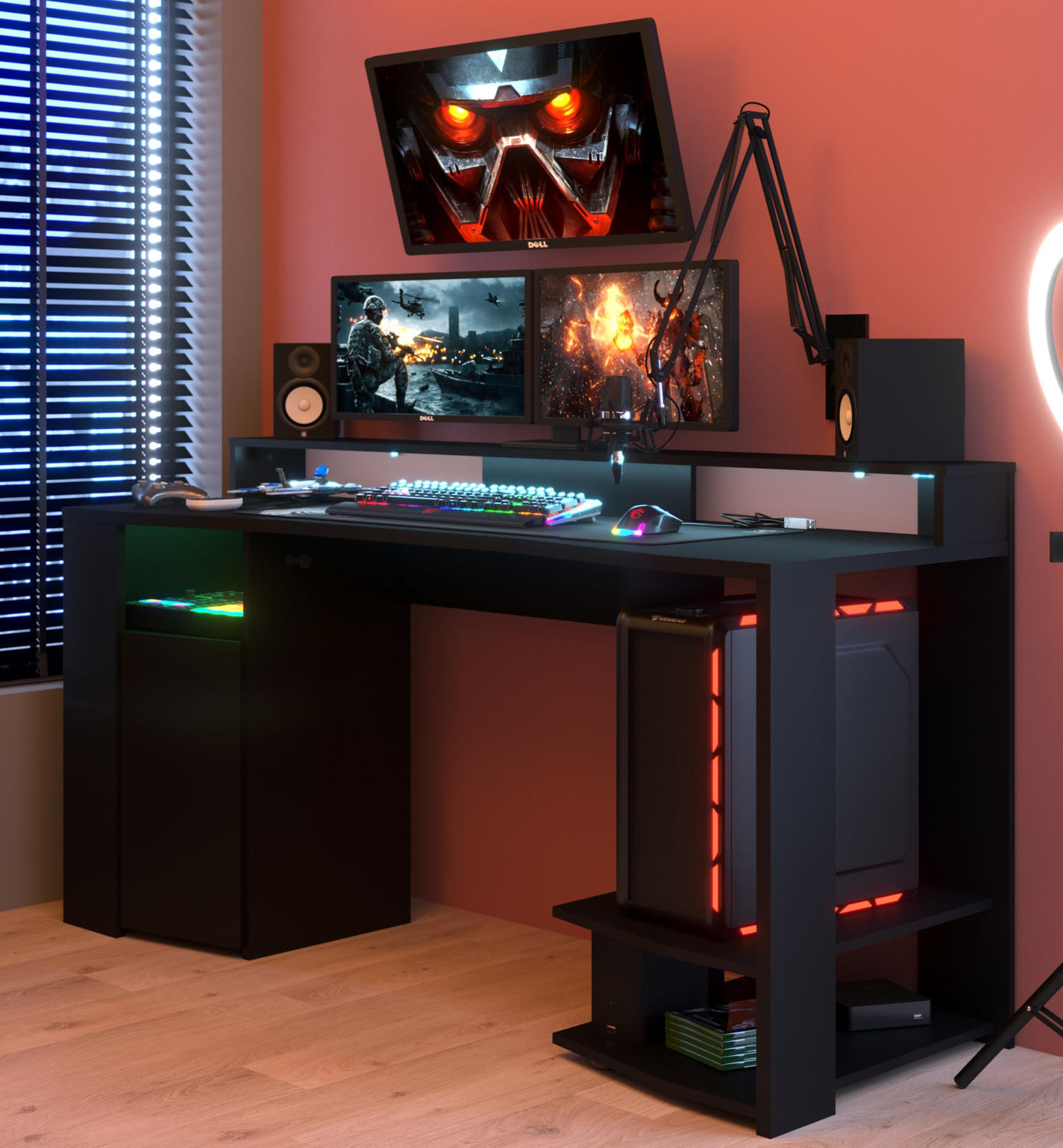 JUGENDZIMMER Gaming Set mit Schreibtisch und Schrank inkl. LED - Schwarz, Glas/Holzwerkstoff (290/180/62cm) - Parisot Meuble