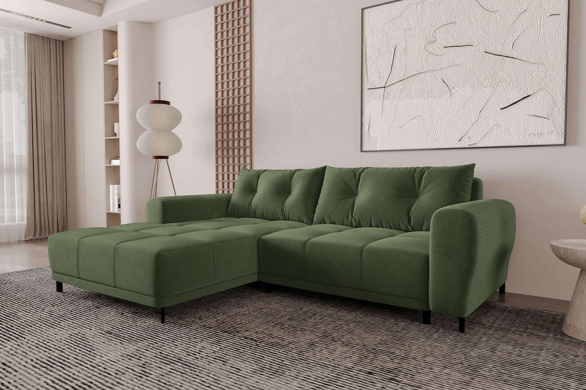 ECKSOFA Massimo Cordstoff Olivgrün inkl. Schlaffunktion Links - Schwarz/Olivgrün, Textil/Metall (246/177cm) - 99rooms