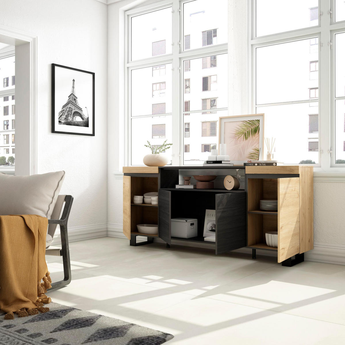 SIDEBOARD eiche, schwarz, 200/35/87cm - Multicolor, Holzwerkstoff (200/87/35cm) - Skraut Home