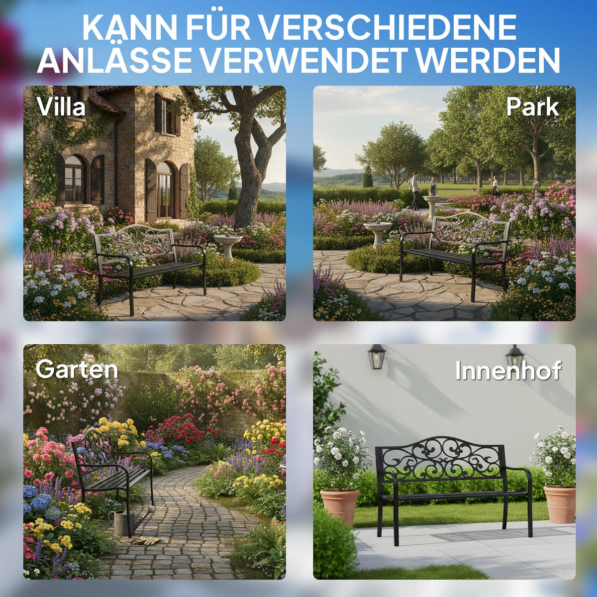 GARTENBANK, 3-Sitzer, Sitzbank, Stahlbank, mit Armlehnen, Stahl, Metall, Schwarz - Schwarz, Metall (60/89/127cm) - Outsunny