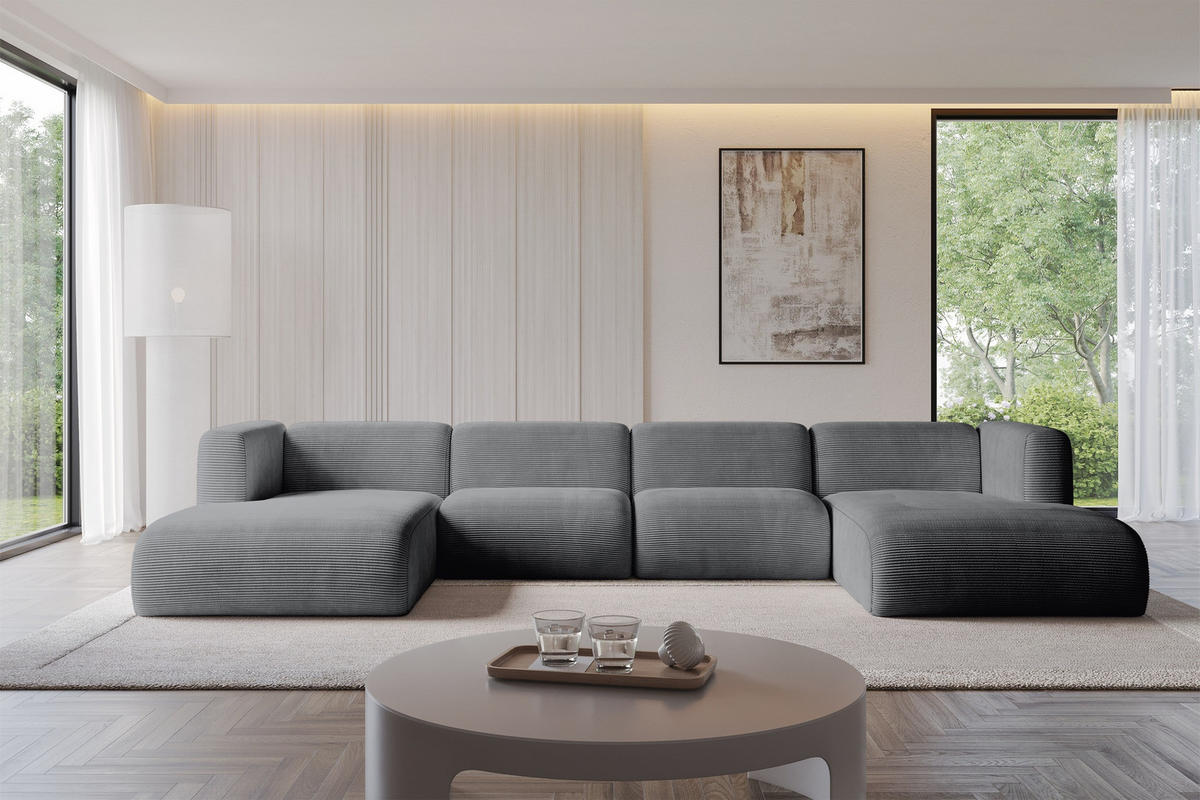 WOHNLANDSCHAFT MIRA-U2 408x179x70 Dunkelgrau Cord - Dunkelgrau/Schwarz, Holzwerkstoff/Kunststoff (408/70/179cm) - ALTDECOR