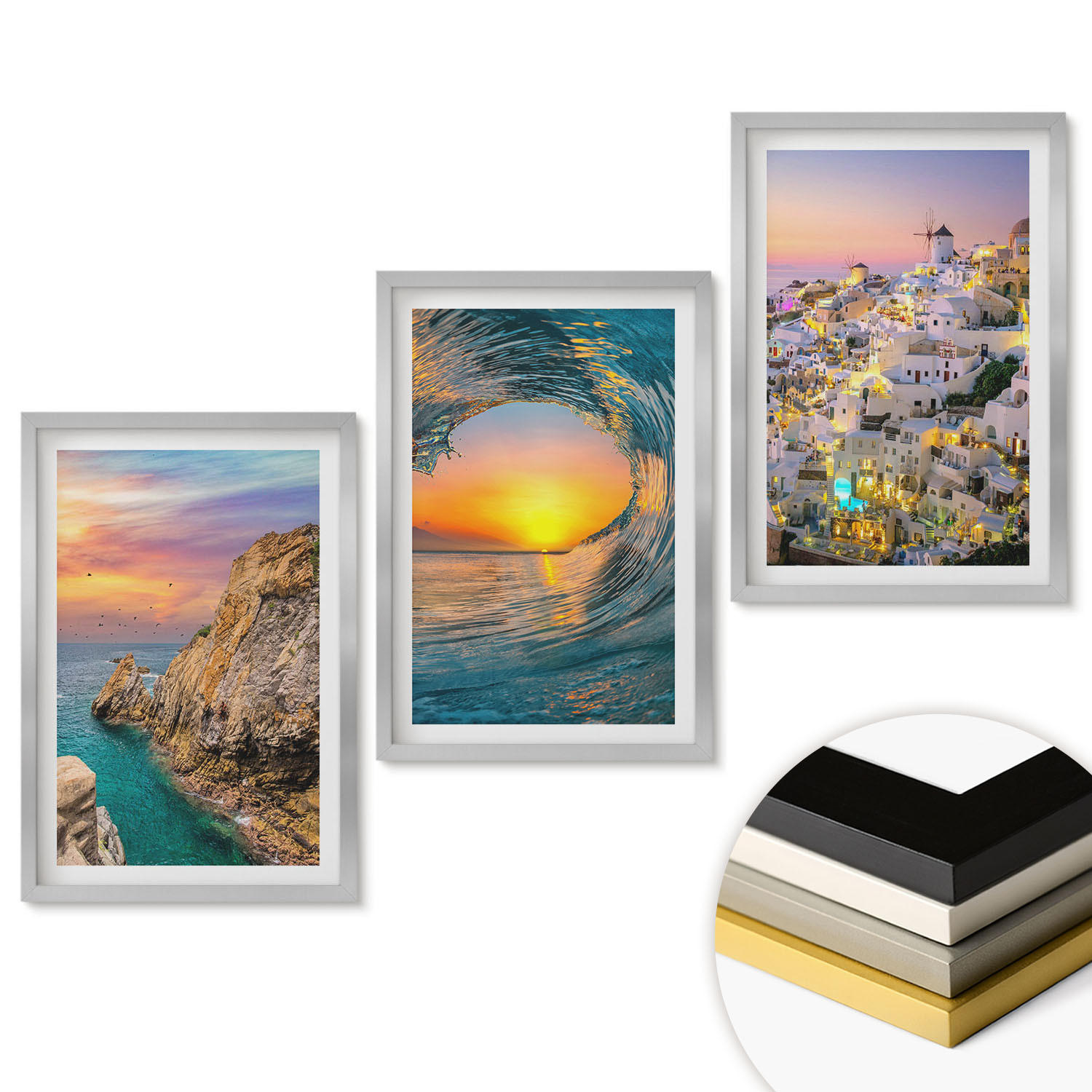 WANDBILDER 3er Set - 40x60 cm Silberner Rahmen - Meereswellen, weiße Häuser, Santorini - Silberfarben, Kunststoff (40/60cm) - ArtPrintCave