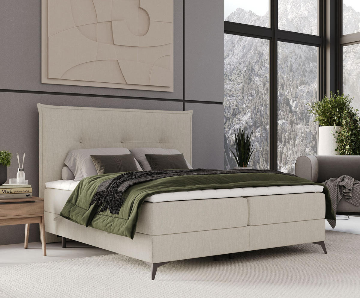 BOXBETT Menzzo Beige 180/200 cm mit Matratze und Topper - Beige/Schwarz, Holz/Holzwerkstoff (200/200cm) - Maison de Reve