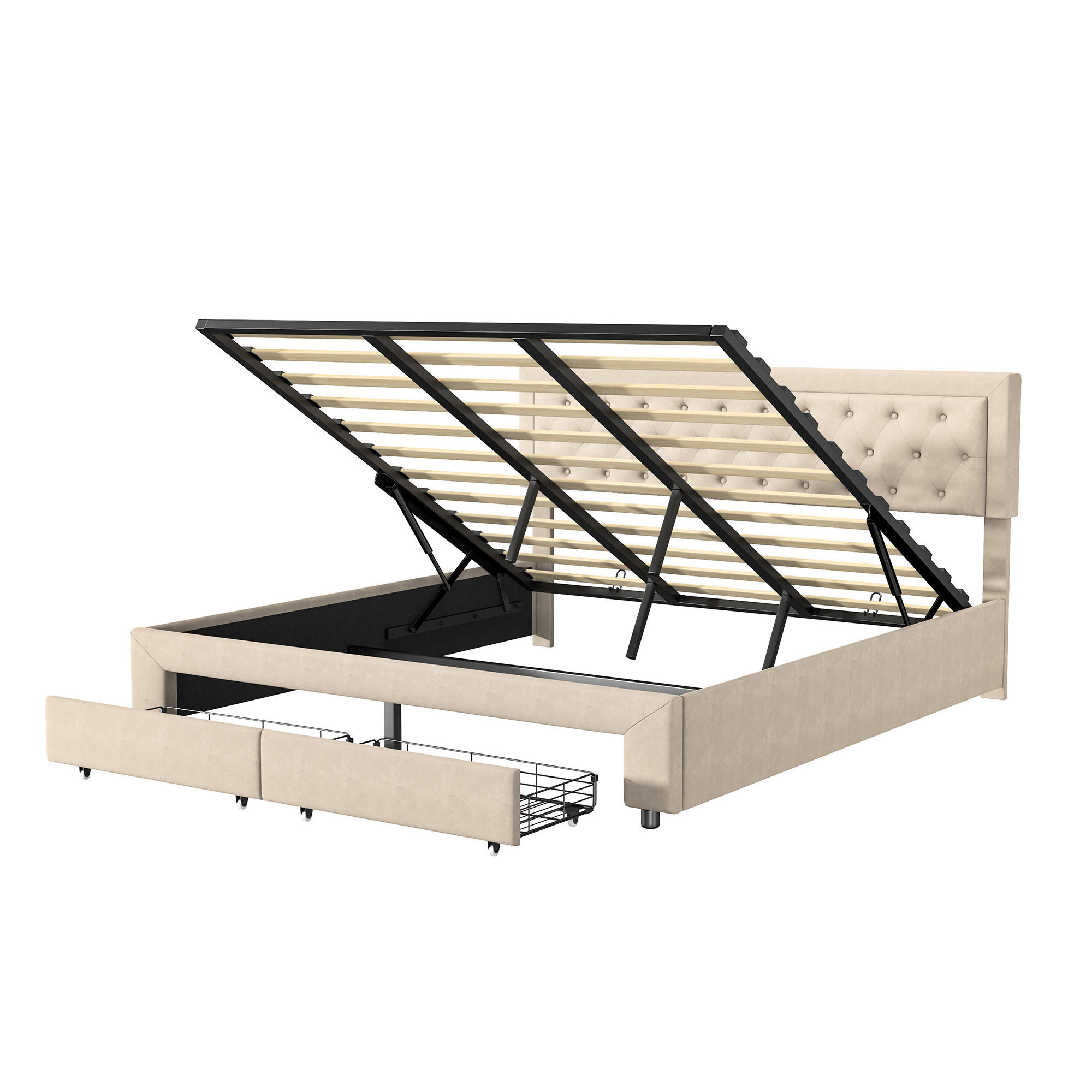 DOPPELBETT 180x200 cm Beige Samt, Hydraulischer Bettkasten und 2 Schubladen, Diamant-Knopfheftung, Tragfähigkeit 300 kg, Skandinavischer Stil - Beige, Metall (180/200cm) - GENKI LIVING