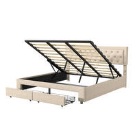 DOPPELBETT 180x200 cm Beige Samt, Hydraulischer Bettkasten und 2 Schubladen, Diamant-Knopfheftung, Tragfähigkeit 300 kg, Skandinavischer Stil - Beige, Metall (180/200cm) - GENKI LIVING