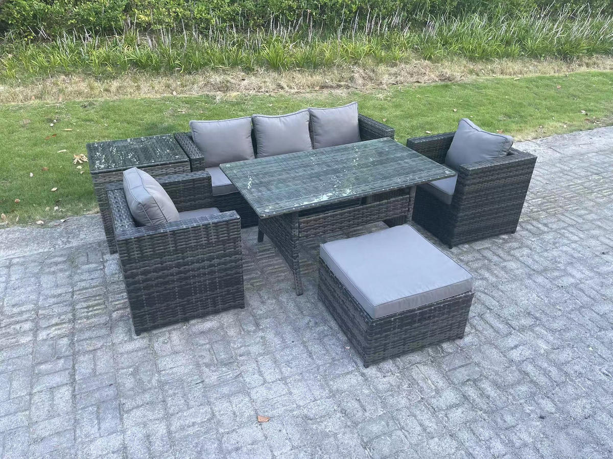 LOUNGEGARNITUR mit Fußschemel Polyrattan Dunkelgrau 6-Sitzer - Dunkelgrau/Grau, Glas/Kunststoff - Fimous