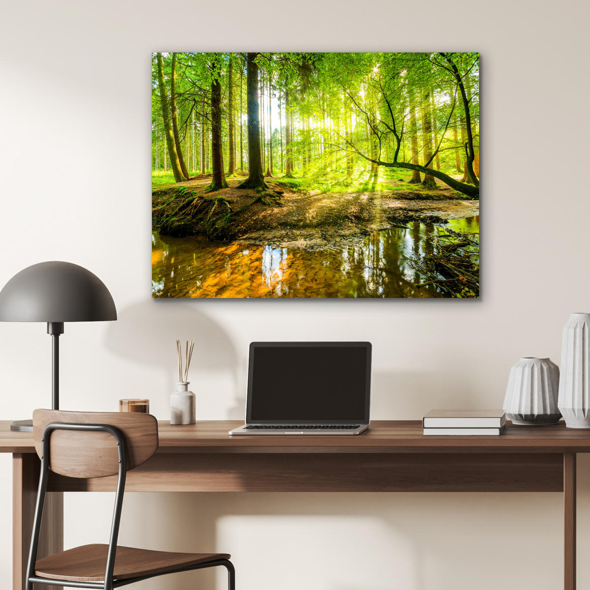 METALLBILD Wald - Landschaft - Wasser - Bäume - Sonne - Grün - Natur 80x60 cm - Grün, Metall (80/60cm) - MuchoWow
