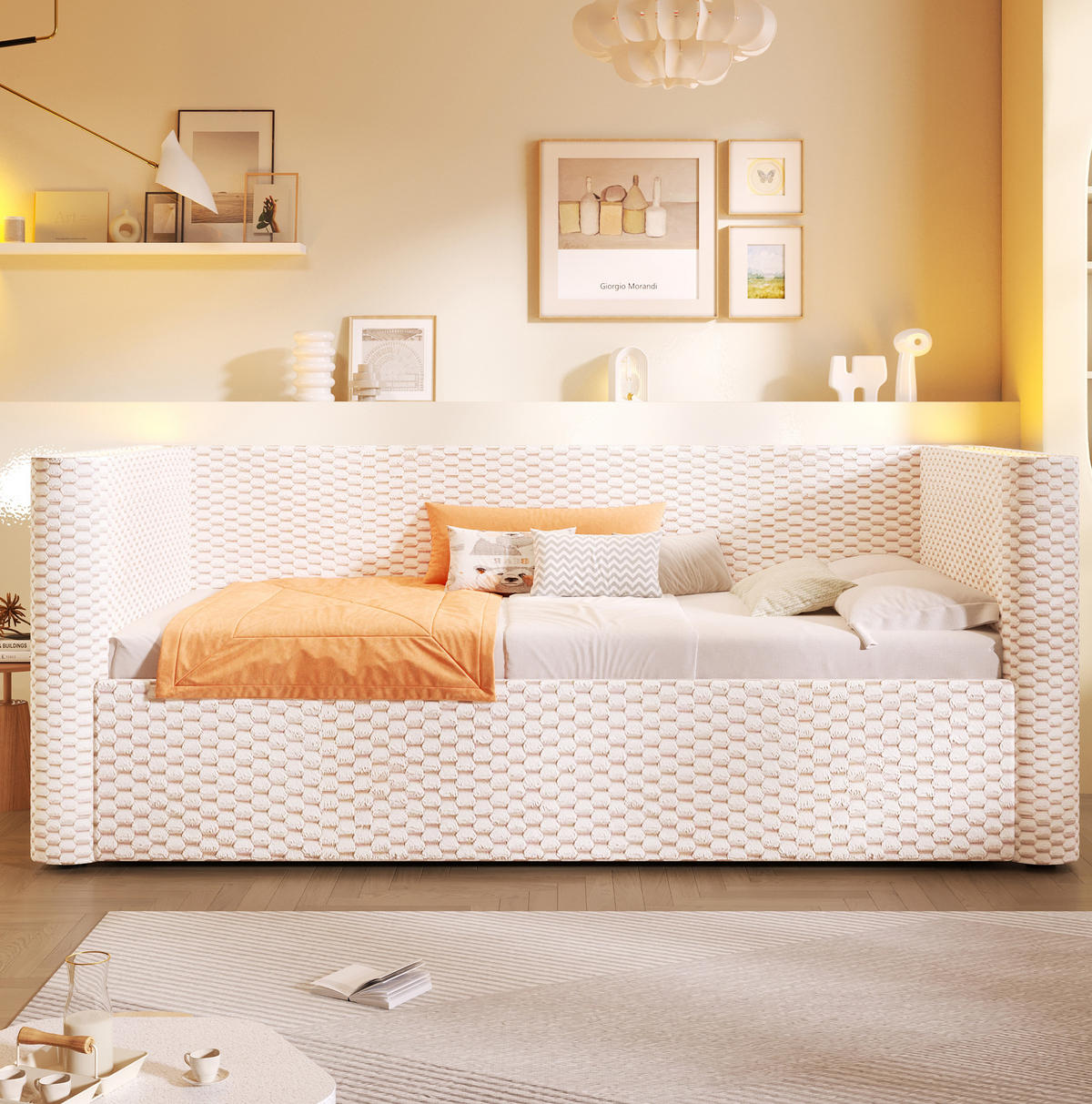 POSTEL 228/104/64 cm, sametová, béžová s LED osvětlením - béžová, textil (90/200cm) - BEAOK