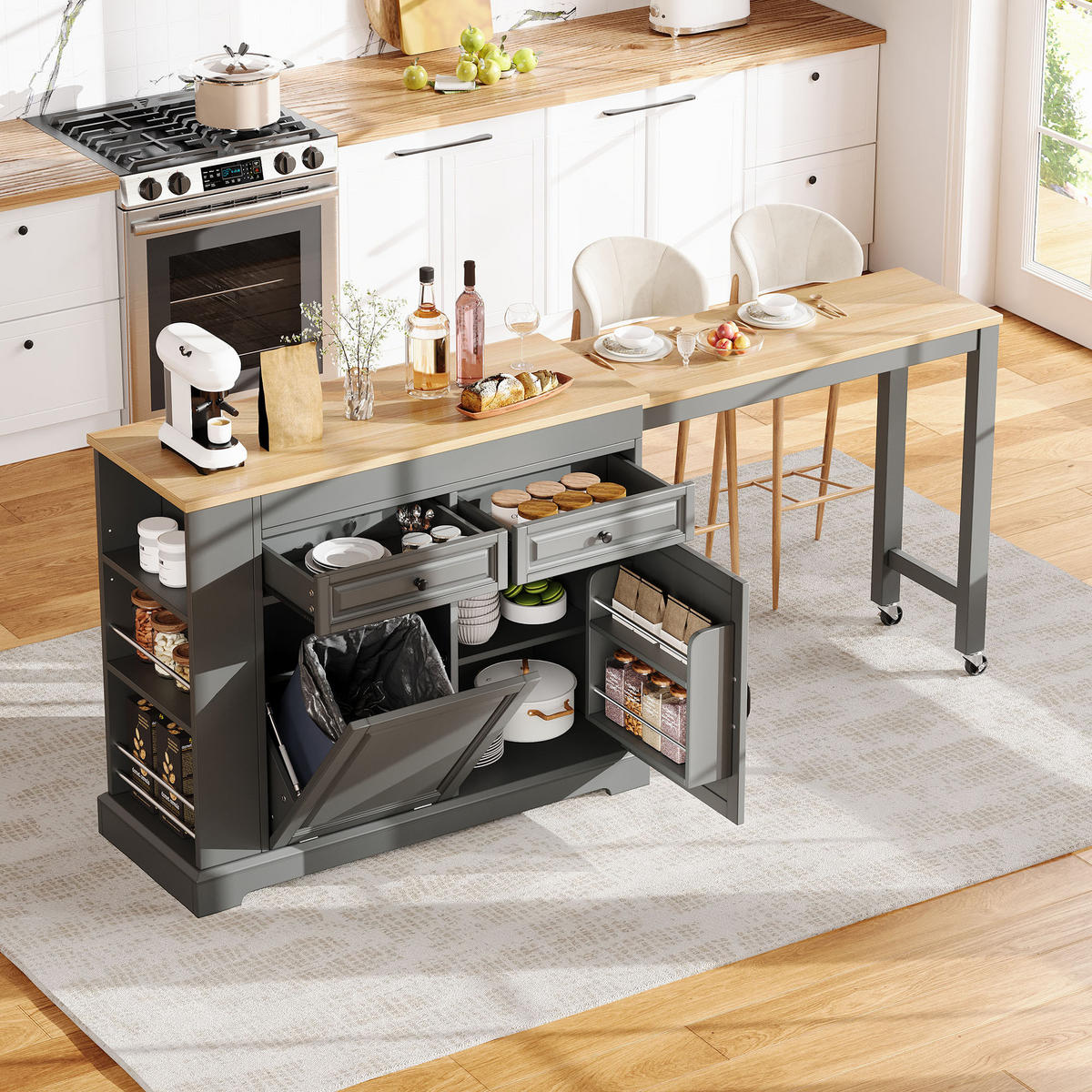 KÜCHENINSEL DE-41137 112-180/45/92 cm mit seitlich ausziehbarer Arbeitsplatte Grau - Grau, Holzwerkstoff (116/92/45cm) - ComfortXL