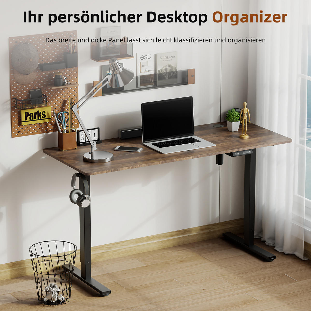 SCHREIBTISCH höhenverstellbar 70 - 120 cm - Schwarz/Braun, Holz/Metall (140/70/120cm) - HOMAVO