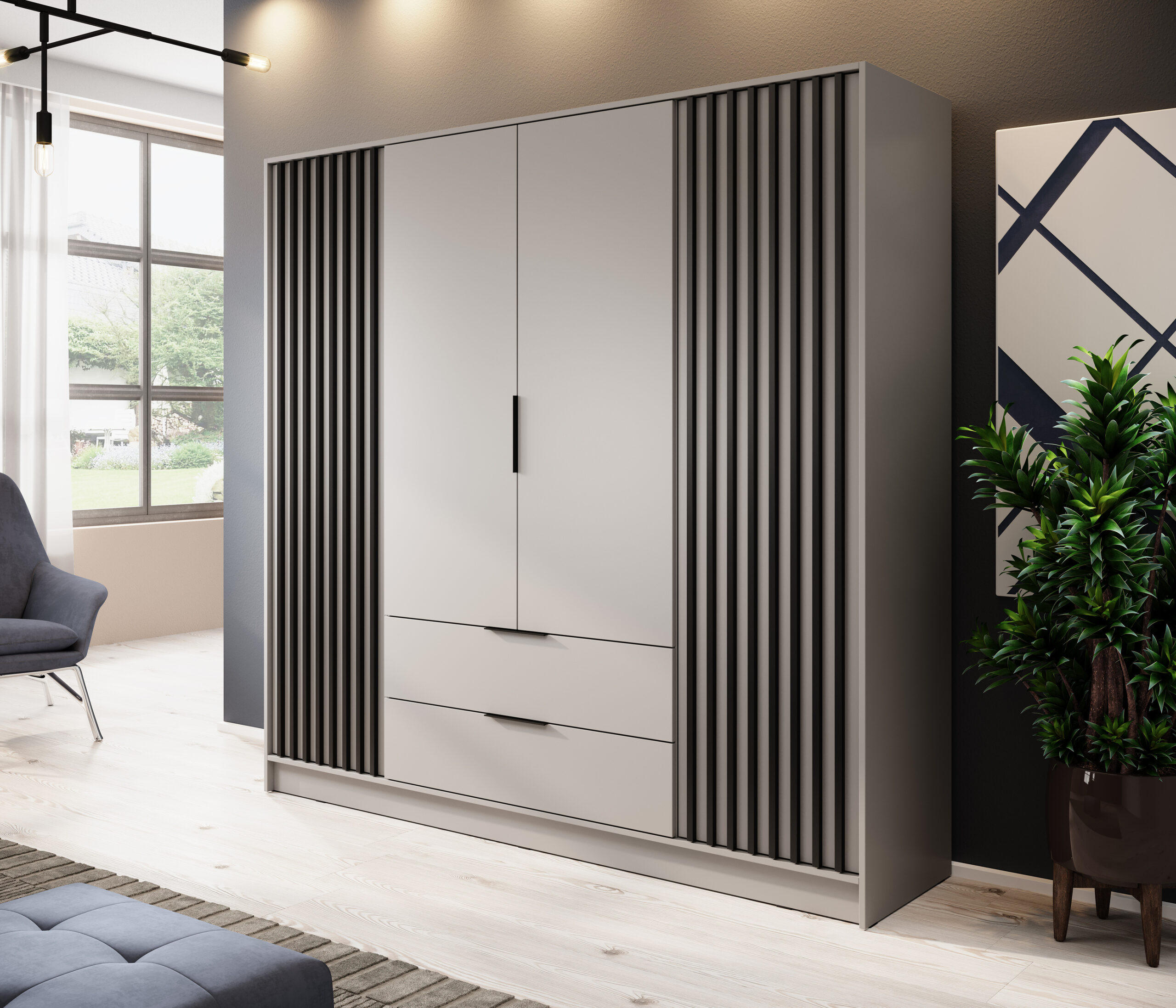 Thumbnail - Möblo Drehtürenschrank, Kaschmir, Metall, 2 Schubladen, Rechteckig, 206x200x51 cm, Schlafzimmer, Kleiderschränke, Drehtü...