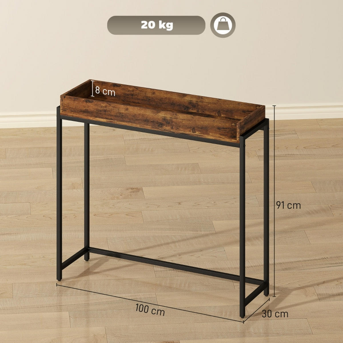 KONSOLENTISCH 100/30/91 cm rustic braun aus Holz mit Schutzgitter - Braun, Holz (100/30/91cm) - OKWISH