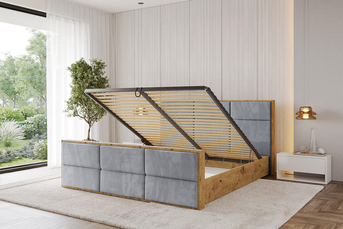 POLSTERBETT mit Bettkasten, Fußteil und Lattenrost, Boxbett mit Matratze H3/H4 - ENZO1-Z 120x200 Grau - Grau, Holzwerkstoff/Textil (120/200cm) - ALTDECOR