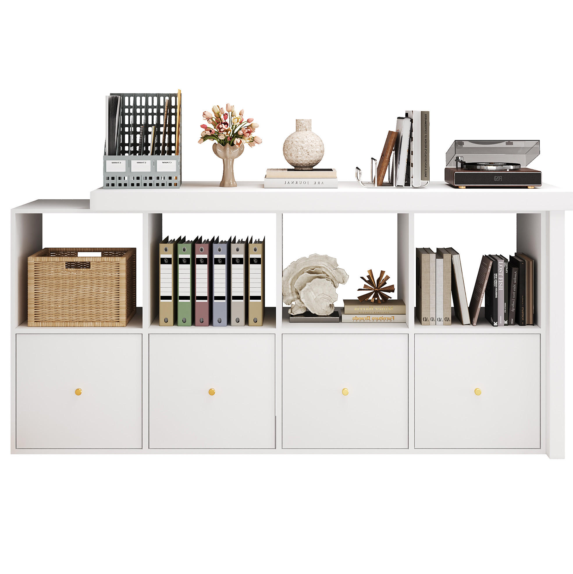 Modfu ROHOVÝ psací stůl z MDF 120x48x78/140x35x74 cm bílý s 360° otočnou deskou, zásuvkami a policemi
