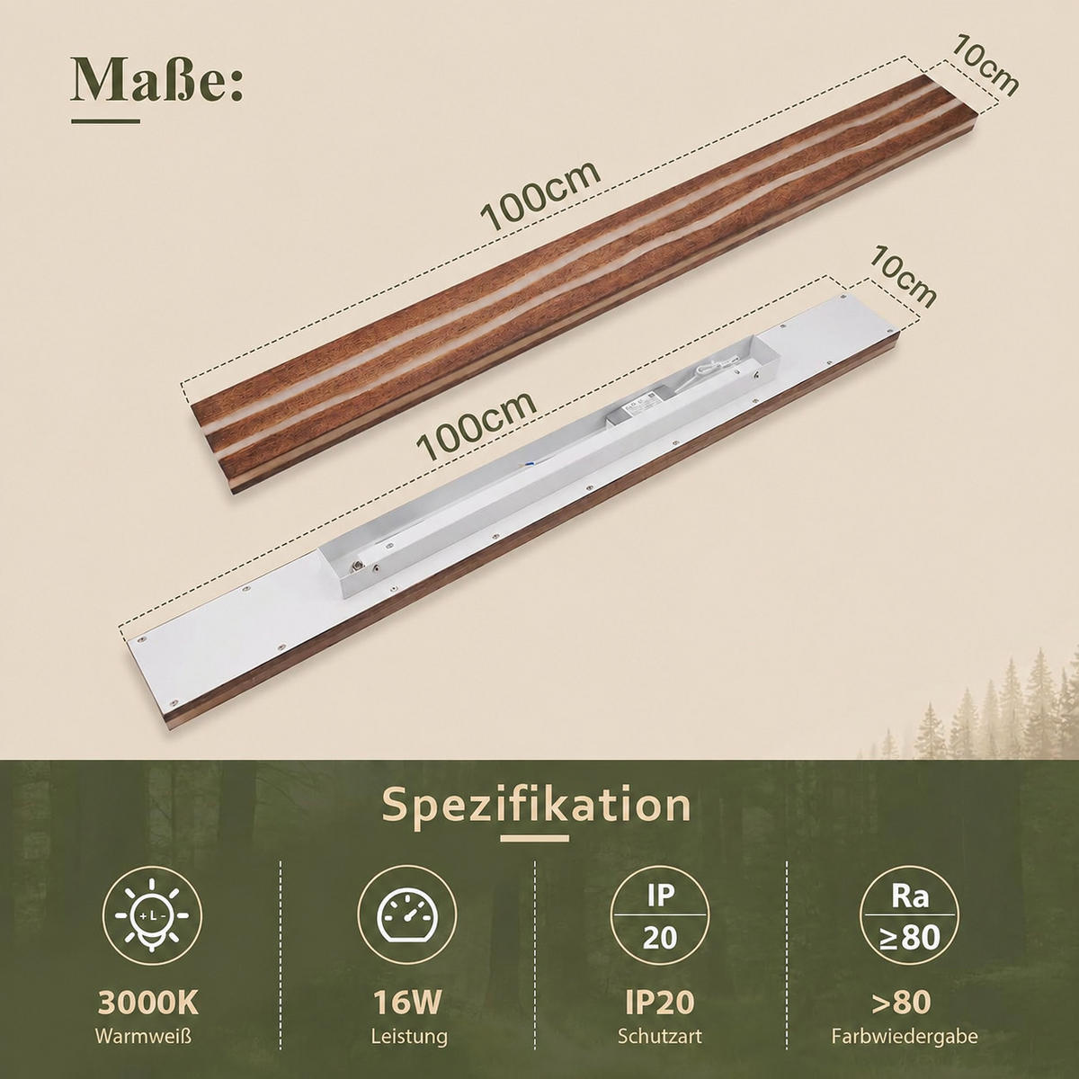LED WANDLEUCHTE Zovlon 100/10/6.5 cm - Braun, Holz/Metall (10/6.5/100cm) - ZMH