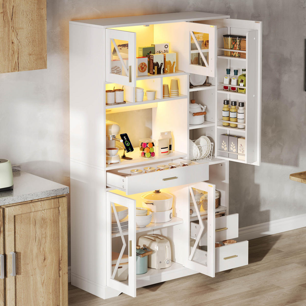 BUFFET 105/39/185 cm Weiß mit farbwechselnder LED-Beleuchtung und 2 Schublade - Weiß, Holz (105/185/40cm) - Oxeza