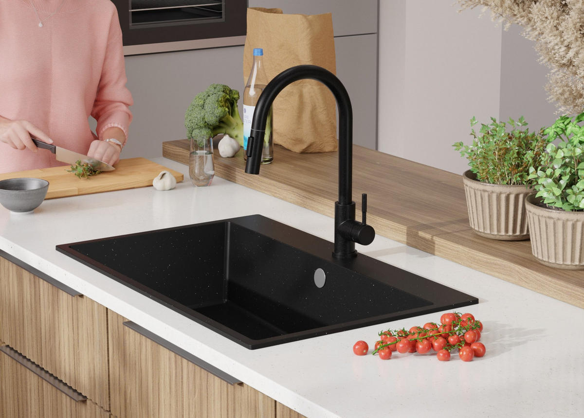 SPÜLBECKEN Riga, 2-er set Schwarz Metallic 78/50 cm 1 Becken + Ablauf-Set ab 80er Unterschrank - Chromfarben/Schwarz Hochglanz, Kunststoff (78/20/50cm) - Primagran