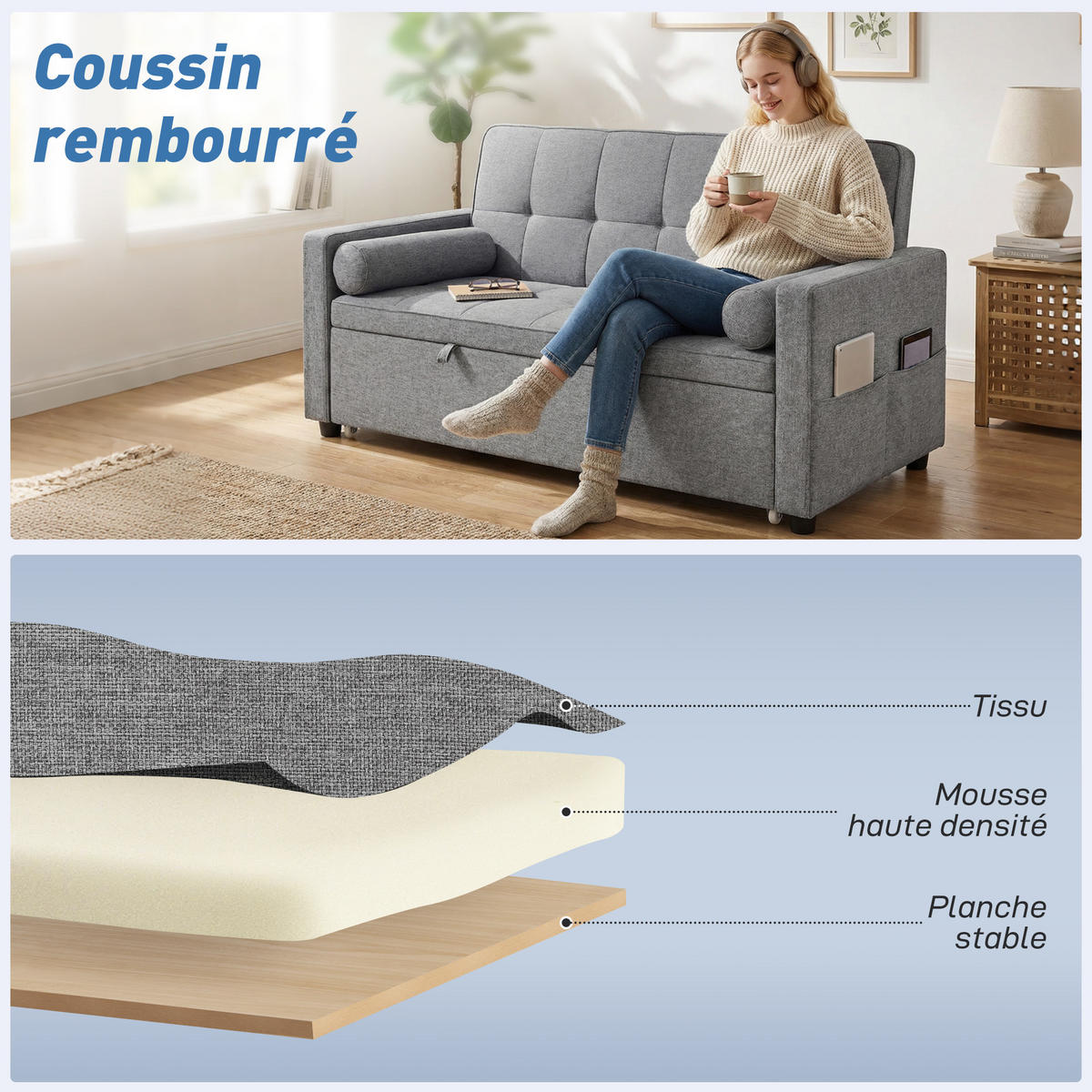 SCHLAFSOFA 2er-Sitz DE-14607 mit Doppelbett und verstellbarer Rückenlehne Grau - Grau, Metall (137.5/84/80.5cm) - ComfortXL