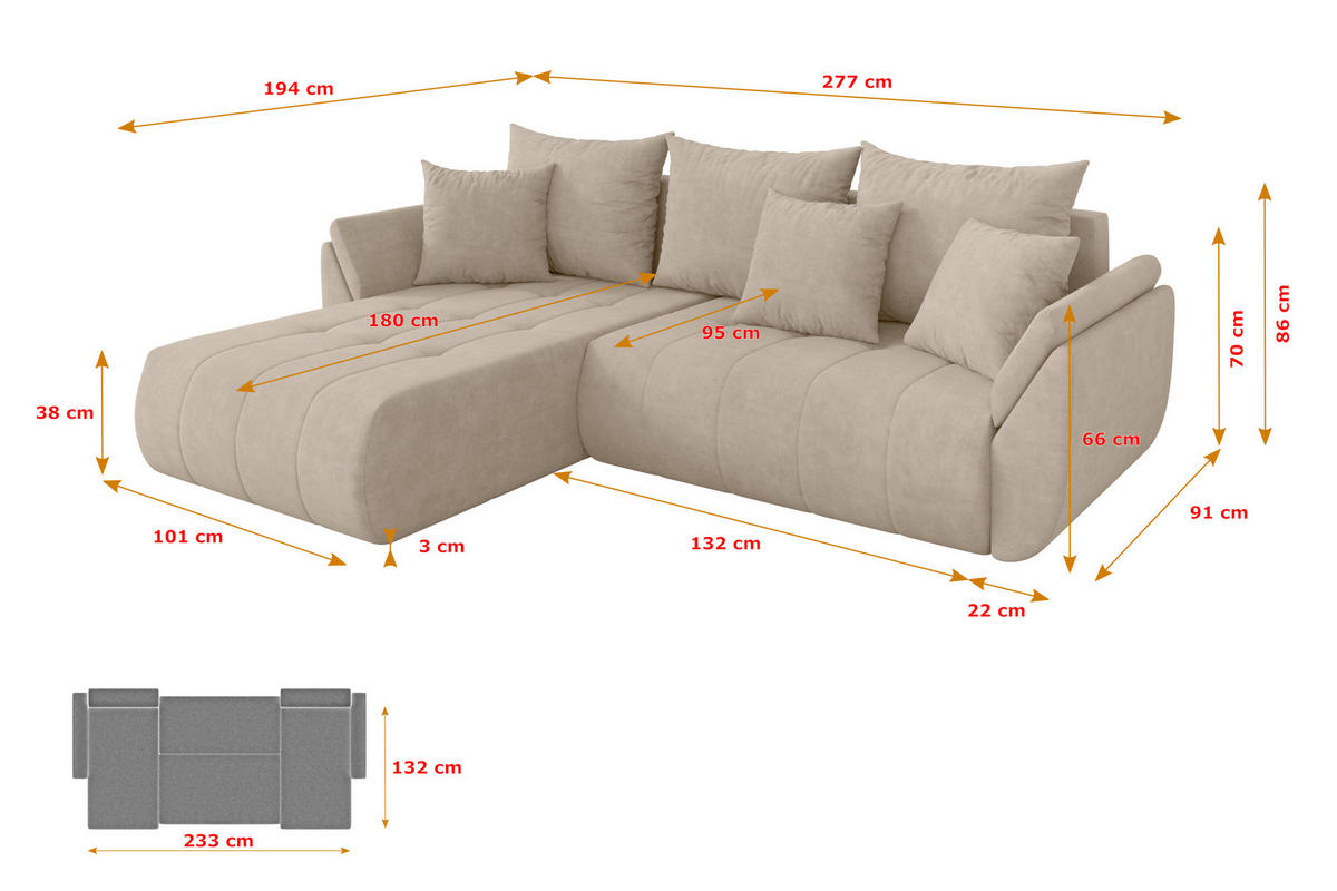 ROHOVÁ SEDAČKA s funkcí spaní, otoman vlevo TOKO-L 277x194x86 béžová velur - černá/Sahara, kompozitní dřevo/textil (277/194cm) - ALTDECOR