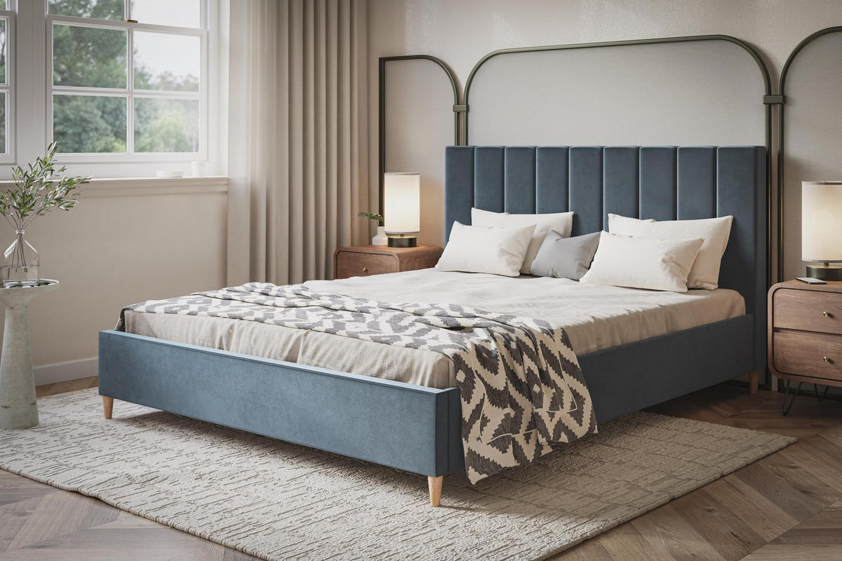 POLSTERBETT LUX Tokio mit Kopfteil, 120 x 200 cm, Doppelbett mit Lattenrost aus Holz, Velourstoff Blau, Füße in Farbe: Braun - Blau, Holz/Textil (120/200cm) - Alpi-Möbel