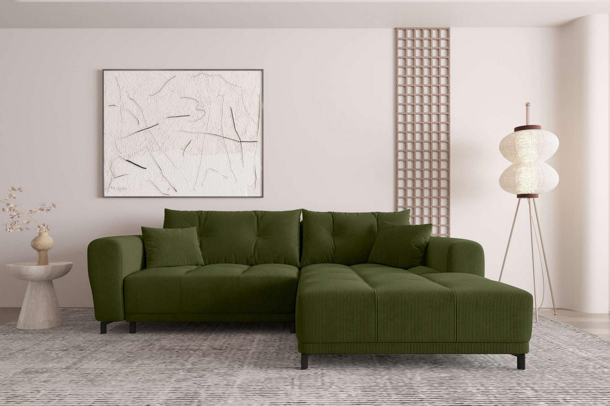 ECKSOFA Massimo Cordstoff Olivgrün inkl. Schlaffunktion Rechts - Schwarz/Olivgrün, Textil/Metall (246/177cm) - 99rooms
