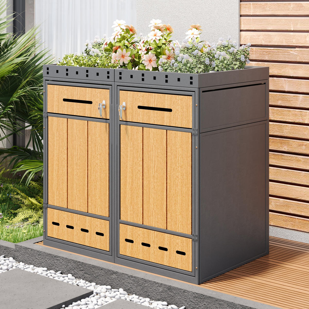MÜLLTONNENBOX Pflanzdach 120-240L Mülltonnenschrank - Multicolor, Metall (80/124/132cm) - FLIEKS